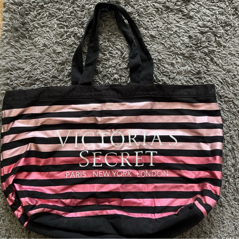 Victoria's Secret Pink and Black Striped Tote Bag